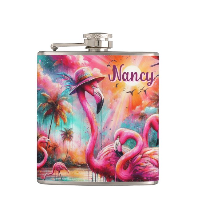 Tropical Pink Flamingos Palm Trees Personalized Hip Flask (Front)