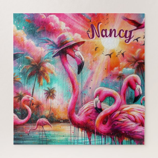 Tropical Pink Flamingos Palm Trees Personalized Jigsaw Puzzle (Vertical)