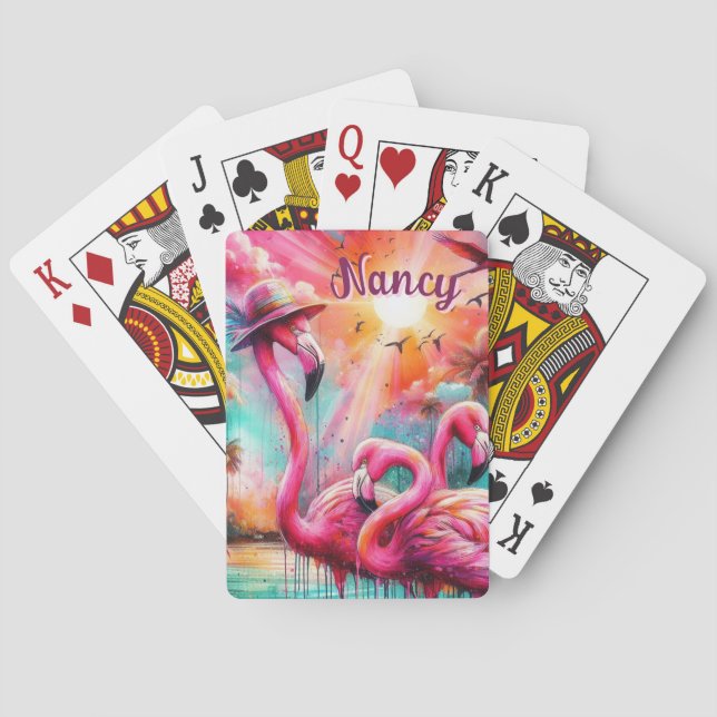 Tropical Pink Flamingos Palm Trees Personalized Playing Cards (Back)