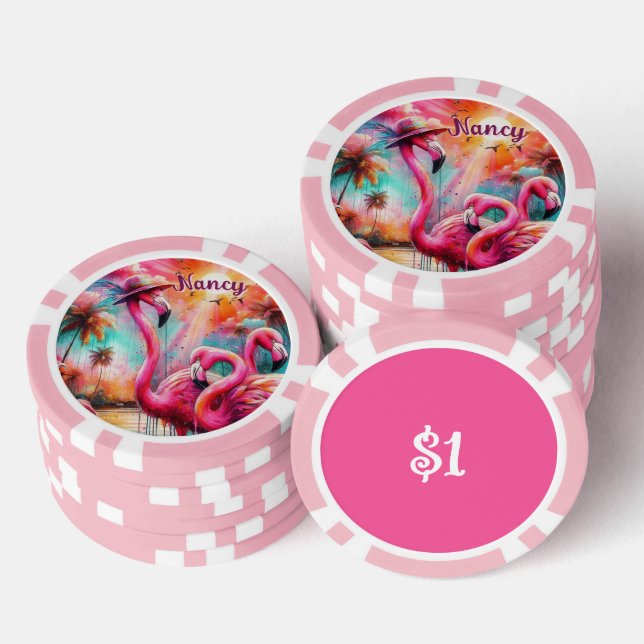 Tropical Pink Flamingos Palm Trees Personalized Poker Chips (Stack)