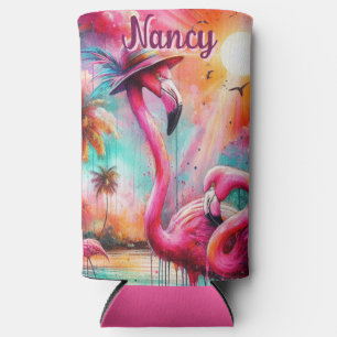 Tropical Pink Flamingos Palm Trees Personalized Seltzer Can Cooler