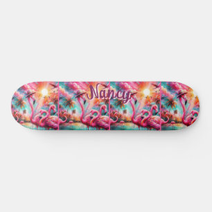 Tropical Pink Flamingos Palm Trees Personalized Skateboard