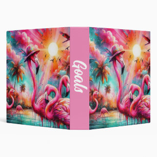 Tropical Pink Flamingos Palm Trees Sun Water Teal Binder