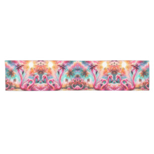 Tropical Pink Flamingos Palm Trees Sun Water Teal Short Table Runner