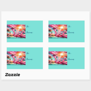 Tropical Pink Flamingos Palm Trees Sunset Teal Sticker