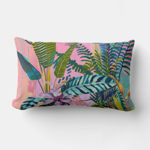 Tropical pink flamingos set against lush green lumbar pillow
