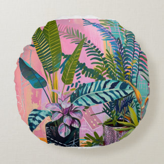 Tropical pink flamingos set against lush green round pillow