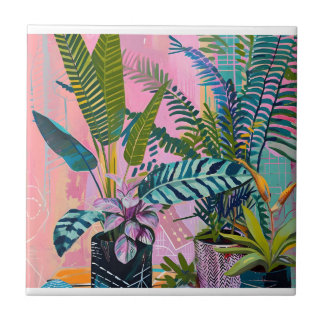 Tropical pink flamingos set against lush green tile