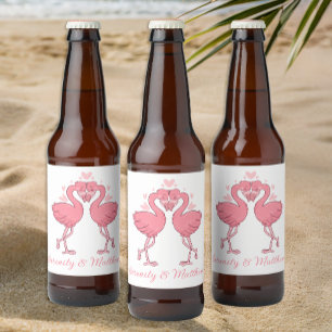 Tropical Pink Flamingos Summer Beach Wedding Beer Bottle Label