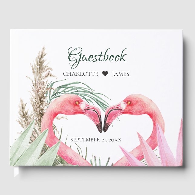 Tropical Pink Flamingos Wedding Guest Book (Front)