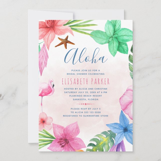 Tropical pink floral aloha bridal shower invitation (Front)
