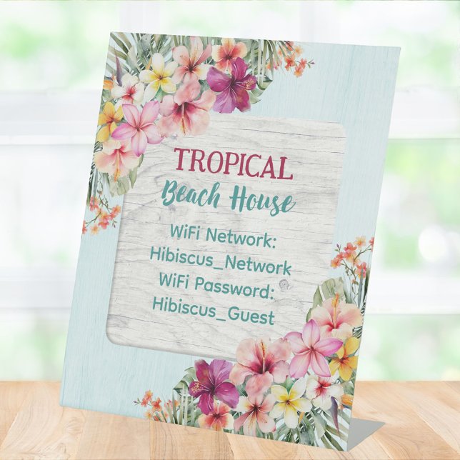 Tropical Pink Floral Beach House WiFi Network Pedestal Sign (In situ)