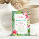 Tropical Pink Floral Birthday Luau Party Invitation<br><div class="desc">Birthday luau party invitations feature a Hawaiian party theme with "Aloha" and lush frame of green palm leaf fronds and tropical hibiscus flowers in shades of hot pink, sunshine yellow, and white. Stylish text with aqua blue banner title can be fully-personalized. Background colour is seafoam blue / green. A custom...</div>