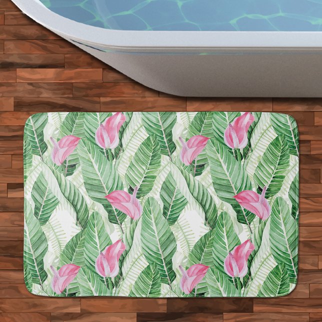 Tropical Pink Floral Greenery Bath Mat (Tropical Pink Floral Greenery Bath Mat - 3 sizes available)