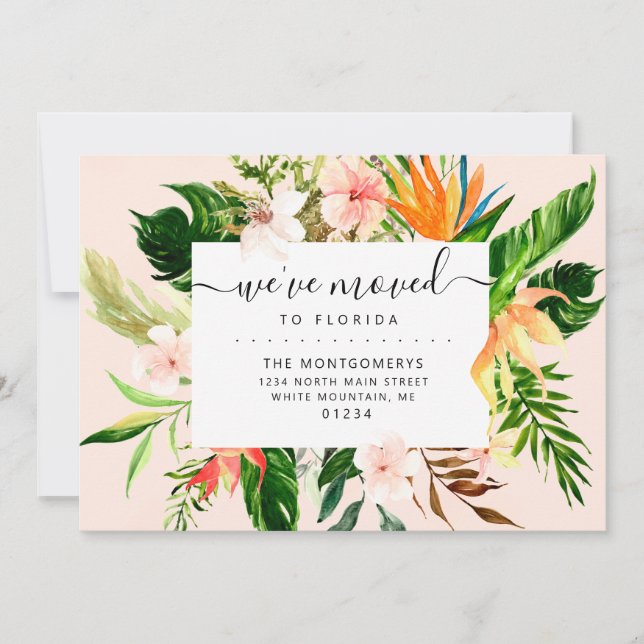 Tropical Pink Floral Greenery Florida Moving Announcement (Front)