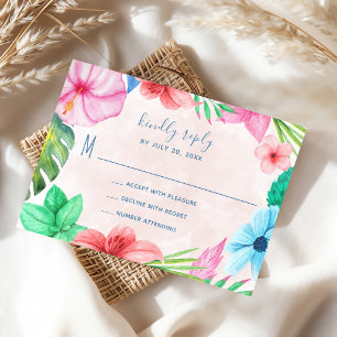 Tropical pink  floral hawaiian wedding RSVP card