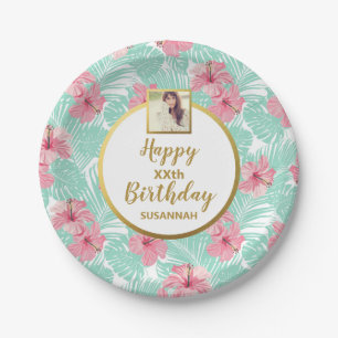 Tropical Pink Floral Palm Tree , Birthday Photo Paper Plate