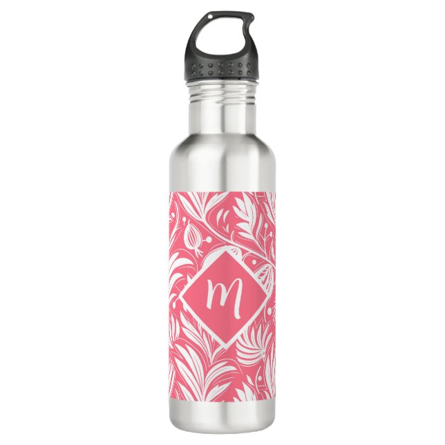 Tropical Pink Floral Pattern Diamond Monogram 710 Ml Water Bottle (Front)