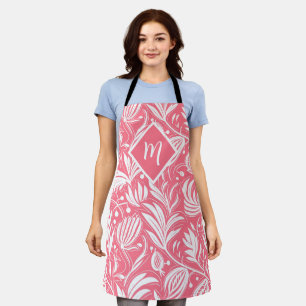 Tropical Pink Floral Pattern Diamond Monogram Apron