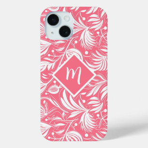 Tropical Pink Floral Pattern Diamond Monogram iPhone 15 Case