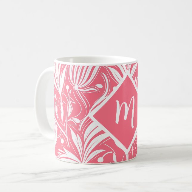 Tropical Pink Floral Pattern Diamond Monogram Coffee Mug (Front Left)