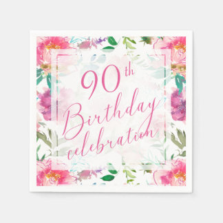 Tropical Pink Floral Watercolor 90th Birthday Napkin