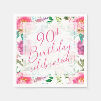 Tropical Pink Floral Watercolor 90th Birthday Napkin