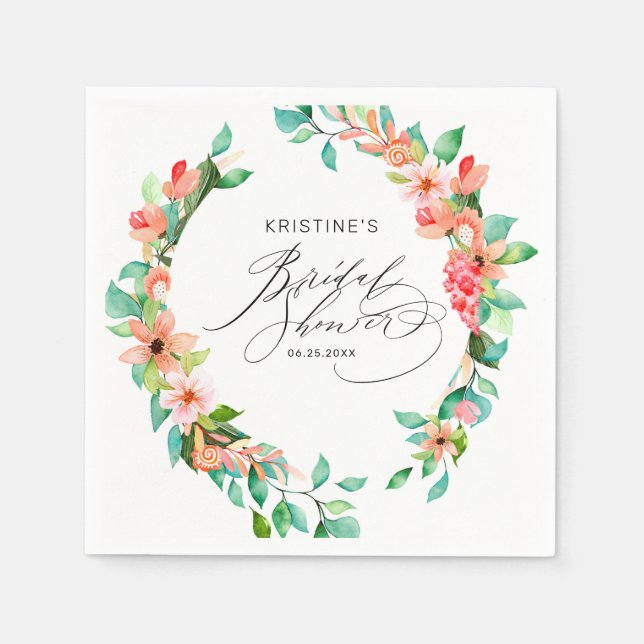 Tropical Pink Floral Watercolor Bridal Shower Napkin (Front)