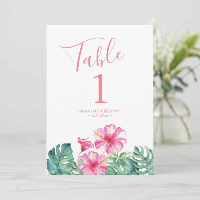 Tropical Pink Floral Wedding Table Number (Standing Front)