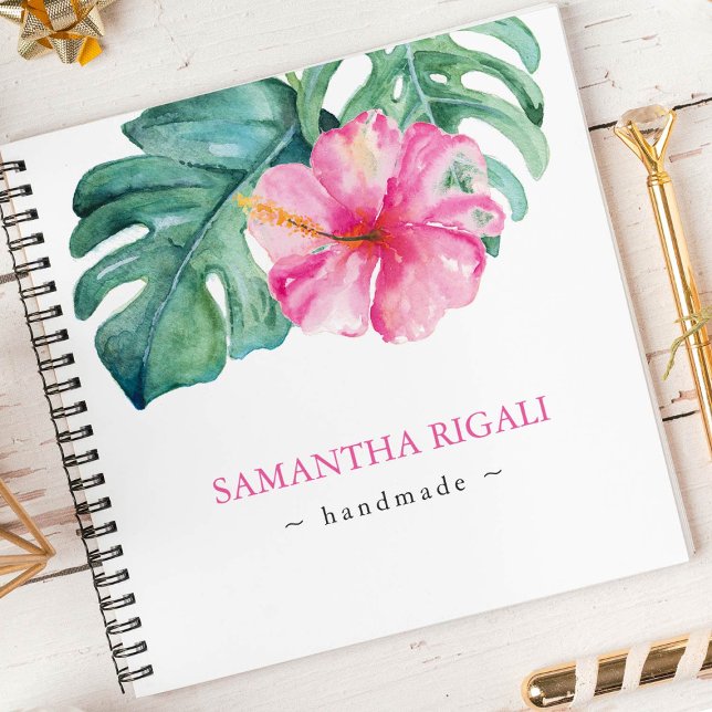 Tropical Pink Flower and Greenery Personalized Notebook (Personalized notebook pink hibiscus flower art by Victoria Grigaliunas Do Tell A Belle)