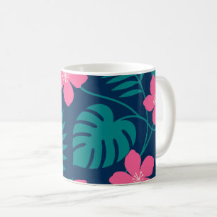 Tropical Pink Flowers and Green Foliage Design Coffee Mug