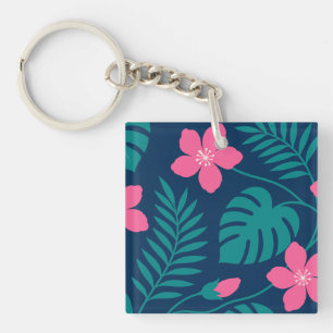 Tropical Pink Flowers and Green Foliage Design Keychain