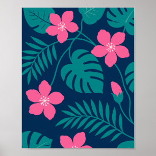 Tropical Pink Flowers and Green Foliage Design Poster