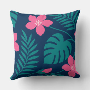 Tropical Pink Flowers and Green Foliage Design Throw Pillow