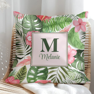 Tropical Pink Flowers and Monstera Monogram Throw Pillow