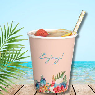 Tropical Pink Flowers Beach Bridal Shower Paper Cups