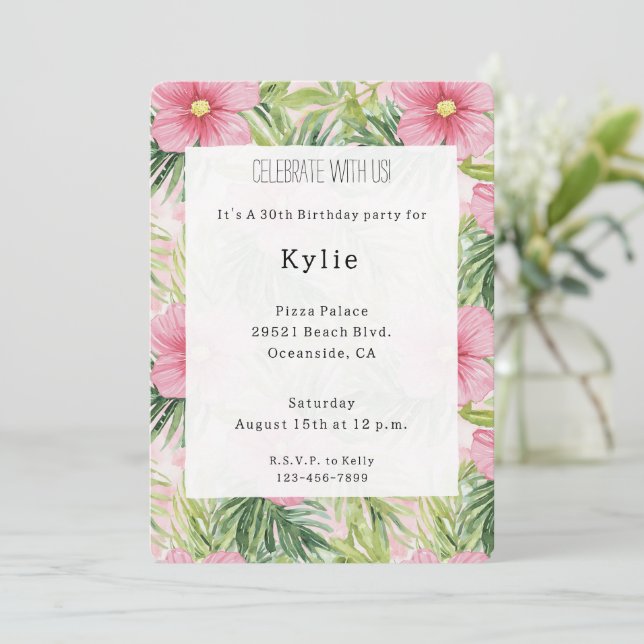Tropical Pink Flowers Birthday   Invitation (Standing Front)