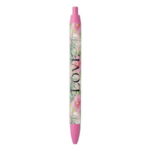 Tropical Pink Flowers Black Ink Pen