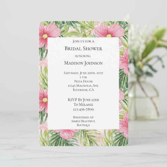 Tropical Pink Flowers Bridal Shower Invitation (Standing Front)
