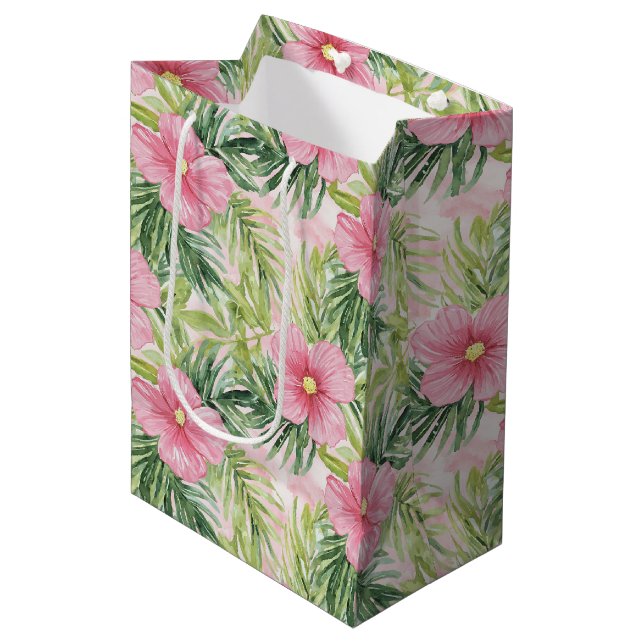 Tropical Pink Flowers Bridal Shower Medium Gift Bag (Front Angled)