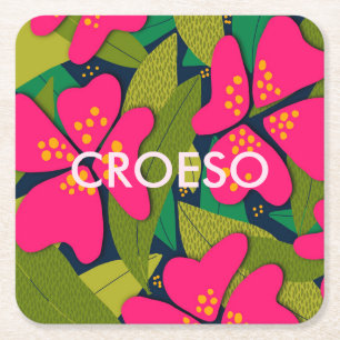 Tropical Pink Flowers Croeso Welcome Square Paper Coaster