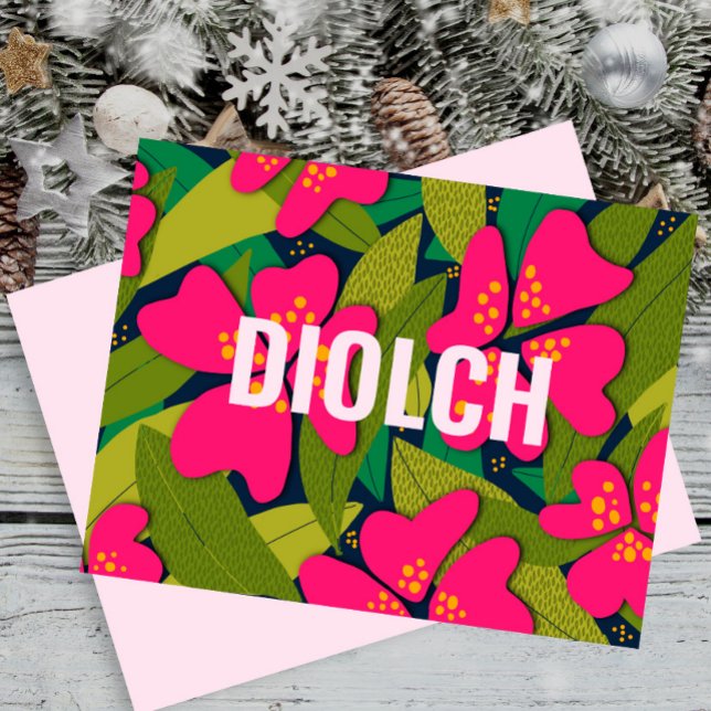 Tropical Pink Flowers Diolch Welsh Thank You (Creator Uploaded)