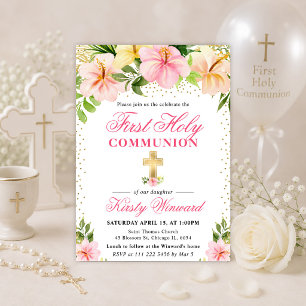 Tropical Pink Flowers First Holy Communion Invitation