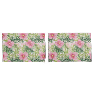 Tropical Pink Flowers Green Stripes Pillowcase
