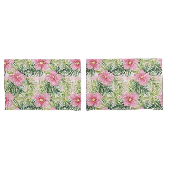 Tropical Pink Flowers Green Stripes Pillowcase (Front-Set)