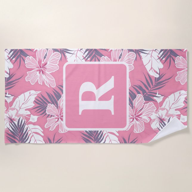 Tropical pink flowers Monogram fleece blanket (Front)