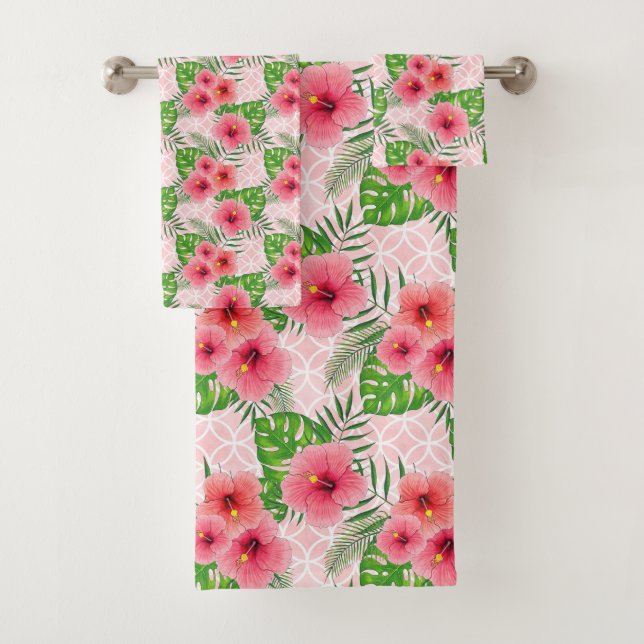 Tropical Pink Flowers Pattern Bath Towel Set (Insitu)