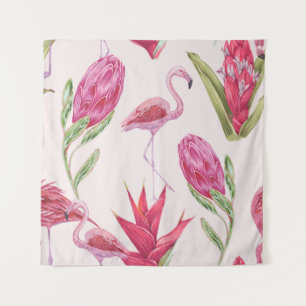 Tropical pink flowers, protea, bird of paradise fl tapestry