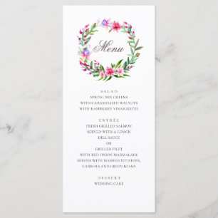 Tropical pink flowers. Watercolor floral wedding Menu