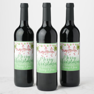 Tropical Pink Girly Christmas Flamingo Watercolor Wine Label